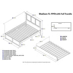 Letto a piattaforma in legno massello full size con pediera, rotelle complete e stazione di ricarica USB