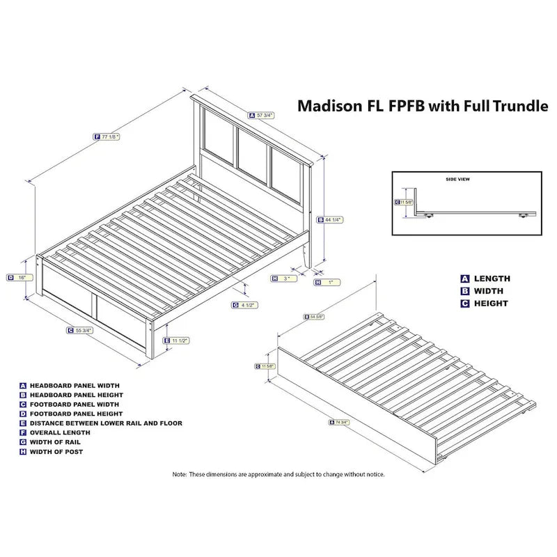 Letto a piattaforma in legno massello full size con pediera, rotelle complete e stazione di ricarica USB