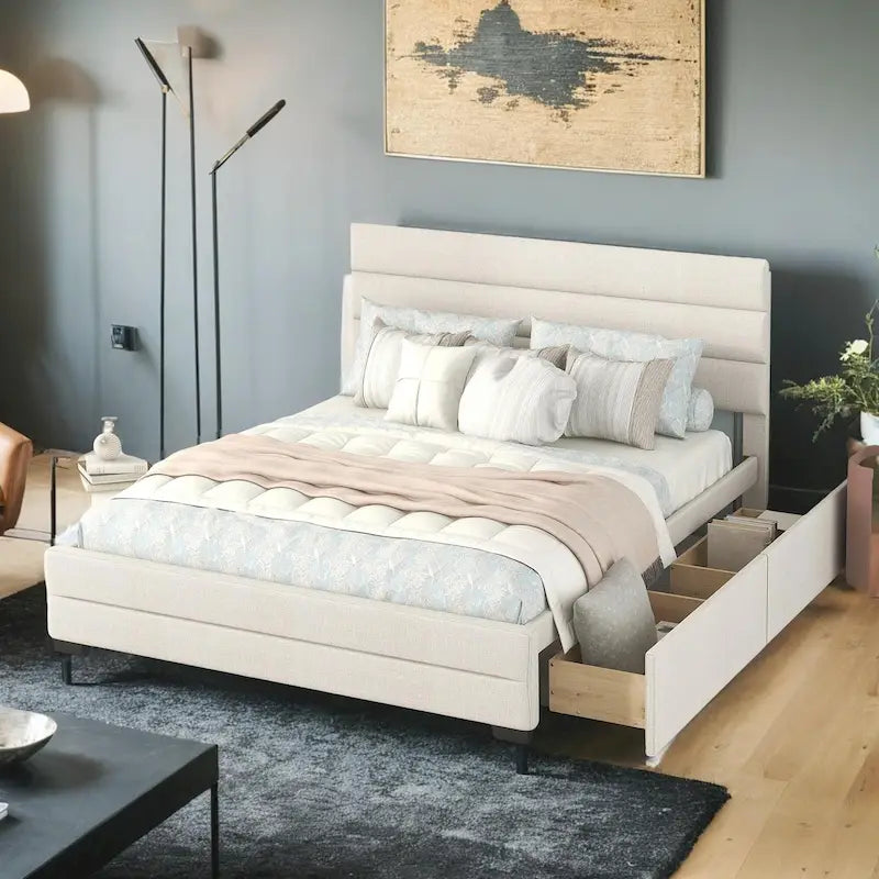 Letto matrimoniale imbottito con letto estraibile singolo e due cassetti