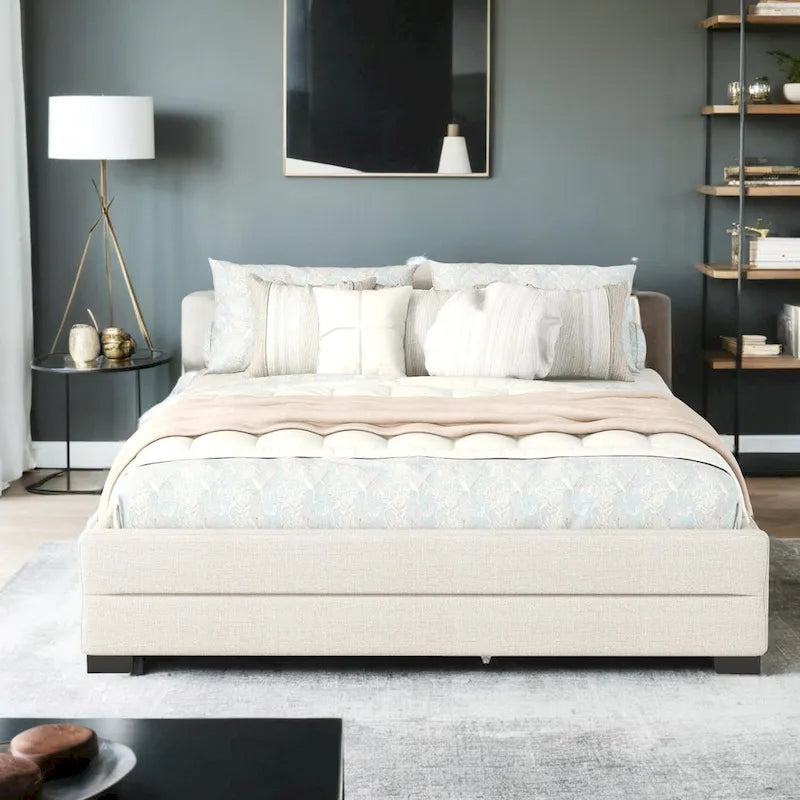 Letto matrimoniale imbottito con letto estraibile singolo e due cassetti