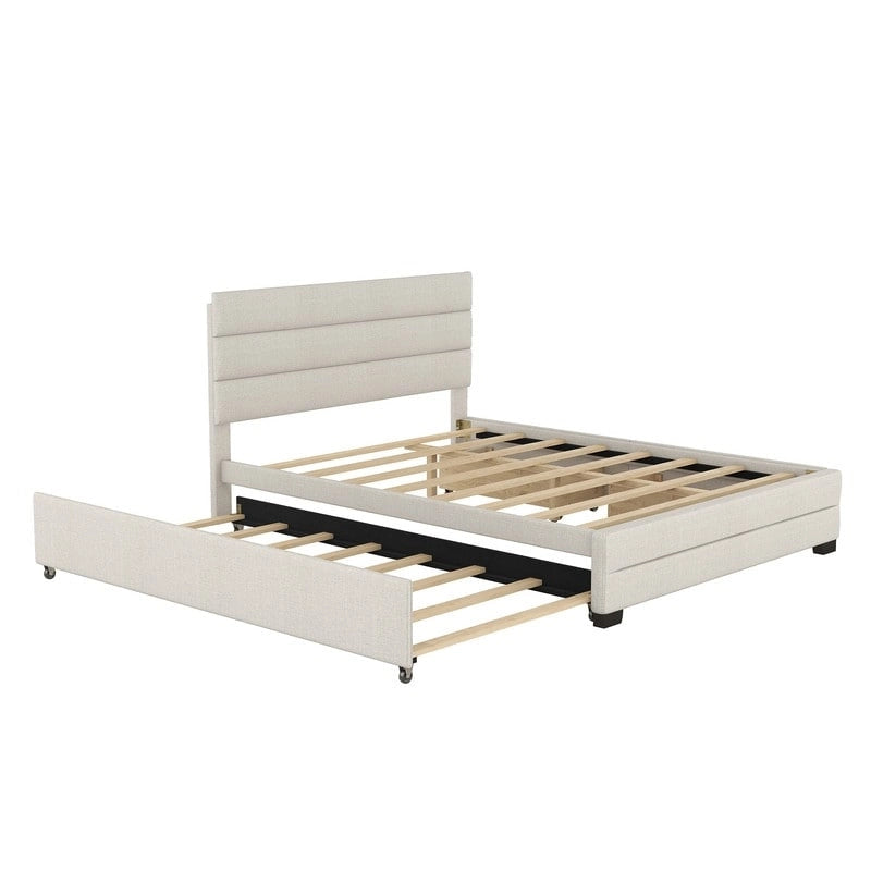 Letto matrimoniale imbottito con letto estraibile singolo e due cassetti