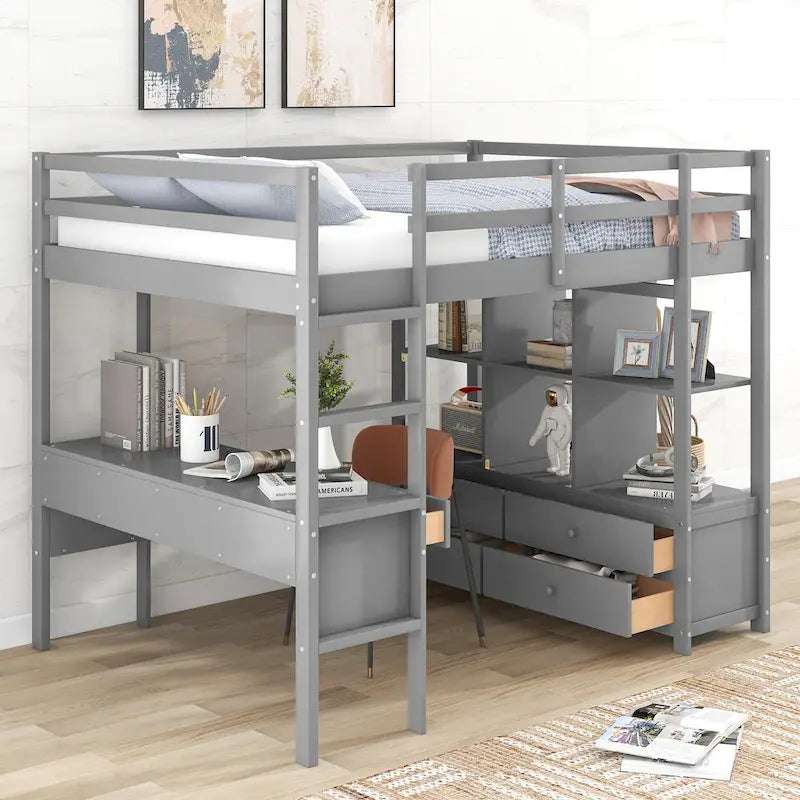Letto a soppalco full size con scrivania integrata con due cassetti, ripiani portaoggetti e cassetti, grigio