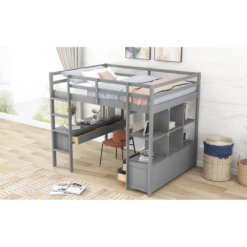 Letto a soppalco full size con scrivania integrata con due cassetti, ripiani portaoggetti e cassetti, grigio