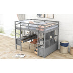 Letto a soppalco full size con scrivania integrata con due cassetti, ripiani portaoggetti e cassetti, grigio