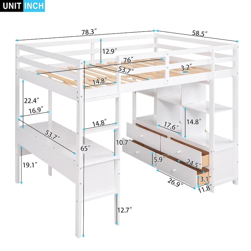 Letto a soppalco full size con scrivania integrata con due cassetti, ripiani portaoggetti e cassetti, grigio