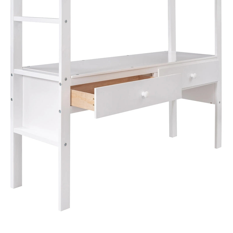 Letto a soppalco full size con scrivania integrata con due cassetti, ripiani portaoggetti e cassetti, grigio