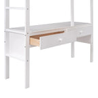 Letto a soppalco full size con scrivania integrata con due cassetti, ripiani portaoggetti e cassetti, grigio
