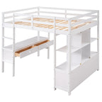 Letto a soppalco full size con scrivania integrata con due cassetti, ripiani portaoggetti e cassetti, grigio