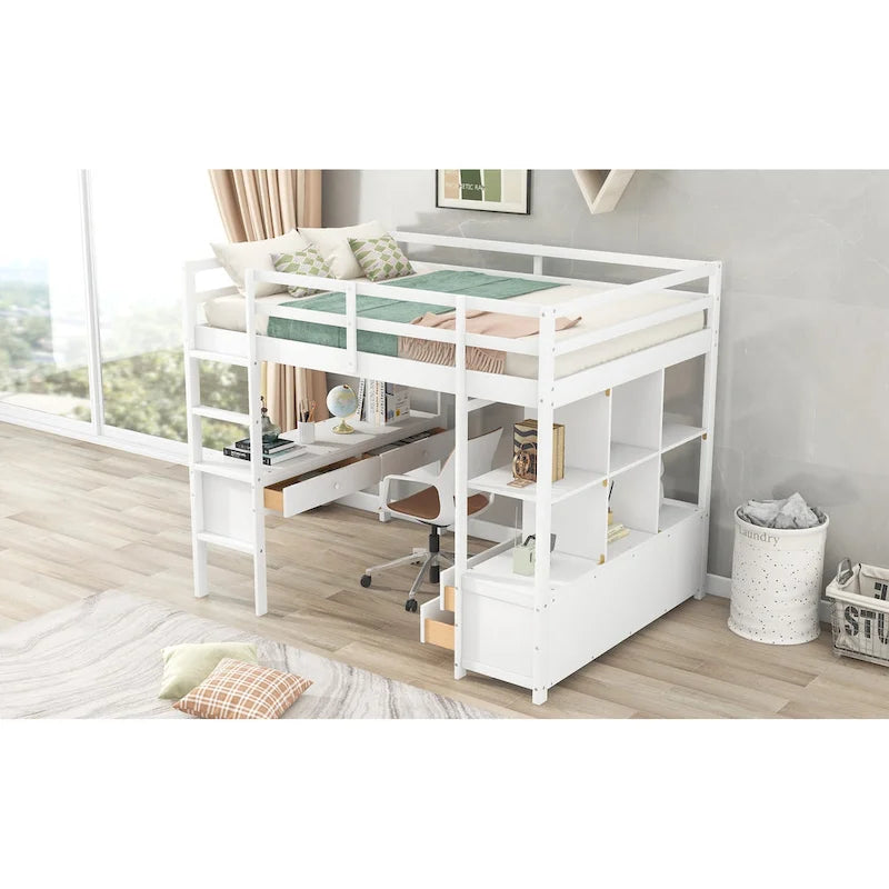 Letto a soppalco full size con scrivania integrata con due cassetti, ripiani portaoggetti e cassetti, grigio