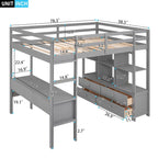 Letto a soppalco full size con scrivania integrata con due cassetti, ripiani portaoggetti e cassetti, grigio