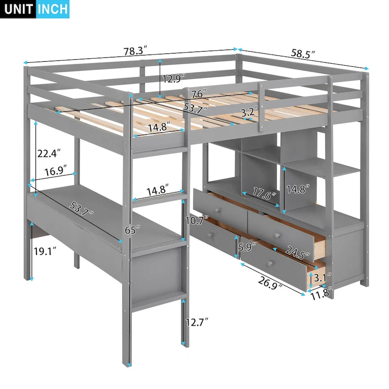 Letto a soppalco full size con scrivania integrata con due cassetti, ripiani portaoggetti e cassetti, grigio