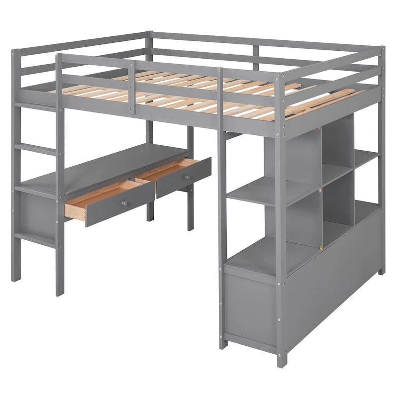 Letto a soppalco full size con scrivania integrata con due cassetti, ripiani portaoggetti e cassetti, grigio