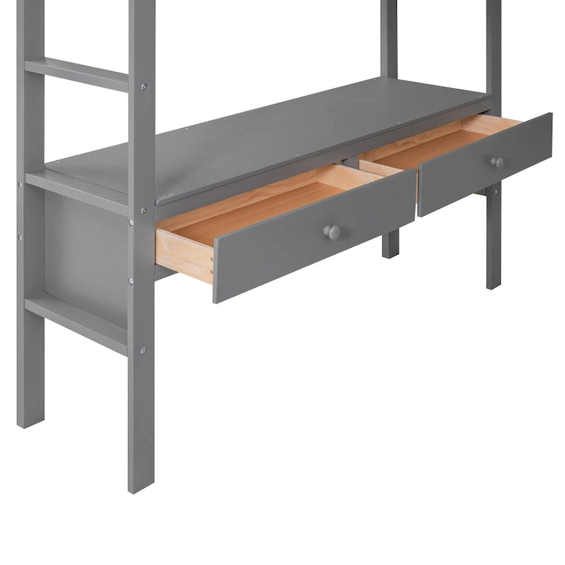 Letto a soppalco full size con scrivania integrata con due cassetti, ripiani portaoggetti e cassetti, grigio