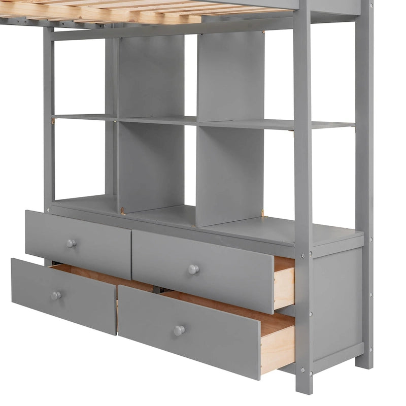 Letto a soppalco full size con scrivania integrata con due cassetti, ripiani portaoggetti e cassetti, grigio