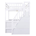 Letto a soppalco full size con scrivania a L integrata e ripiani a tre livelli, e scala portaoggetti annessa, Bianco