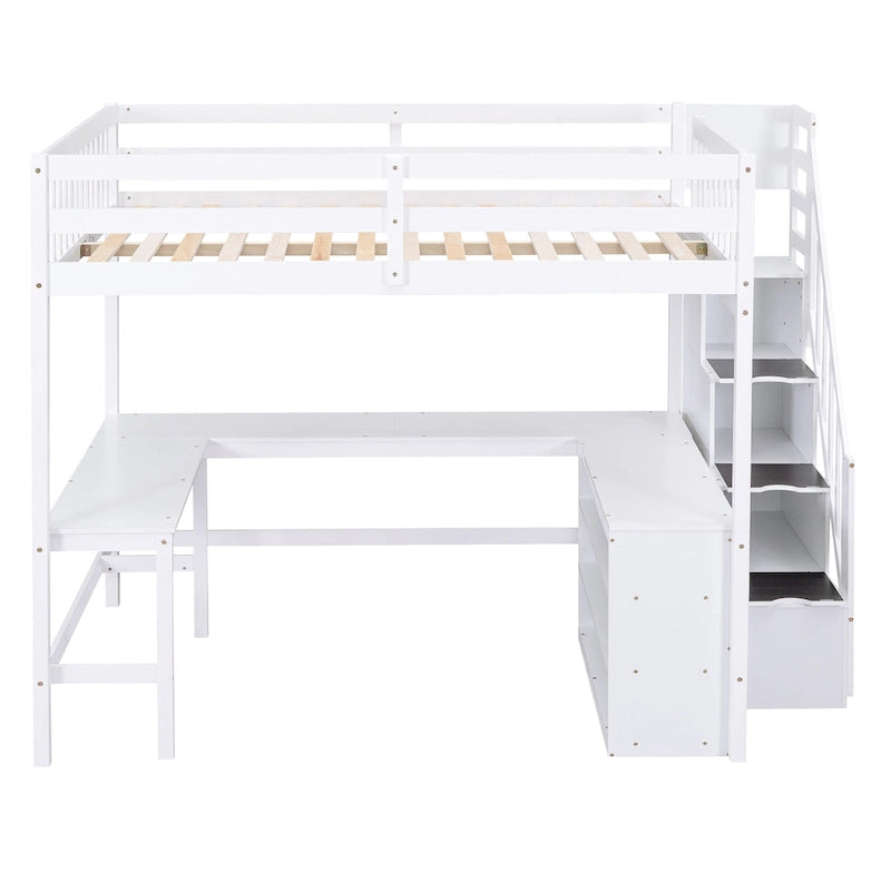 Letto a soppalco full size con scrivania a L integrata e ripiani a tre livelli, e scala portaoggetti annessa, Bianco