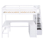 Letto a soppalco full size con scrivania a L integrata e ripiani a tre livelli, e scala portaoggetti annessa, Bianco