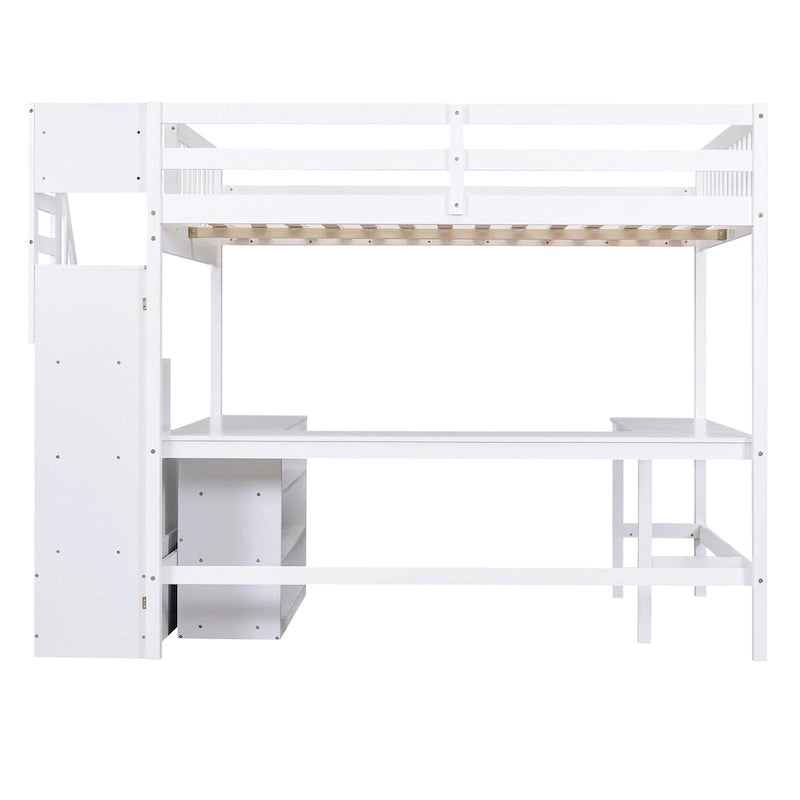 Letto a soppalco full size con scrivania a L integrata e ripiani a tre livelli, e scala portaoggetti annessa, Bianco