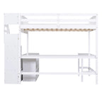 Letto a soppalco full size con scrivania a L integrata e ripiani a tre livelli, e scala portaoggetti annessa, Bianco