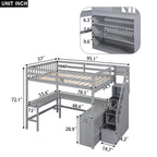 Letto a soppalco full size con scrivania a L integrata e ripiani a tre livelli, e scala portaoggetti annessa, Bianco