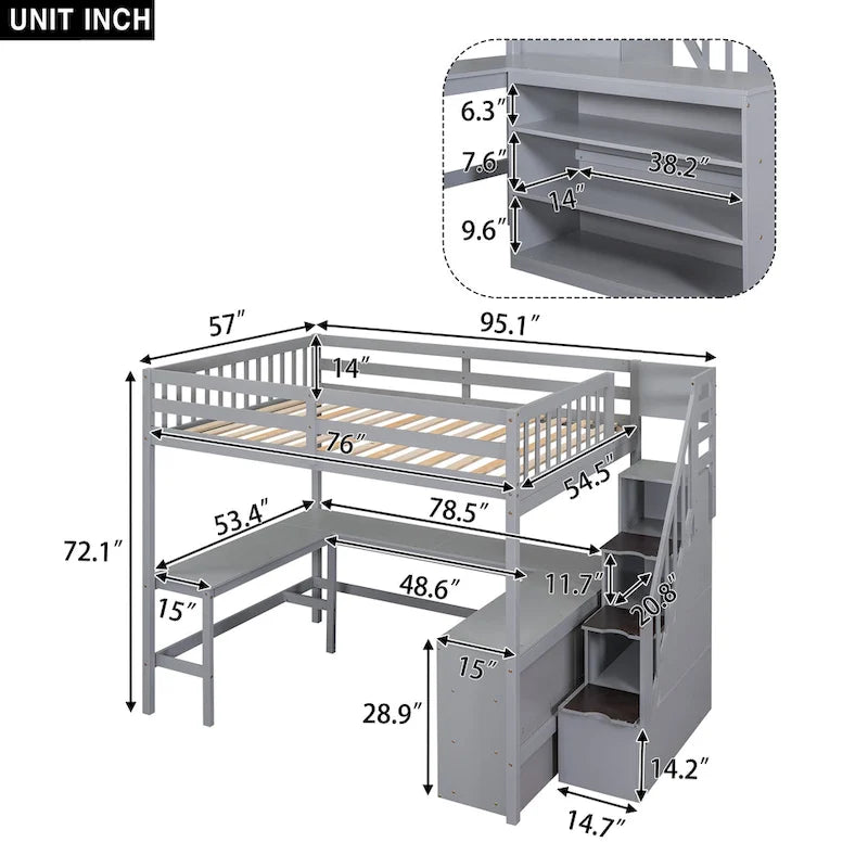 Letto a soppalco full size con scrivania a L integrata e ripiani a tre livelli, e scala portaoggetti annessa, Bianco
