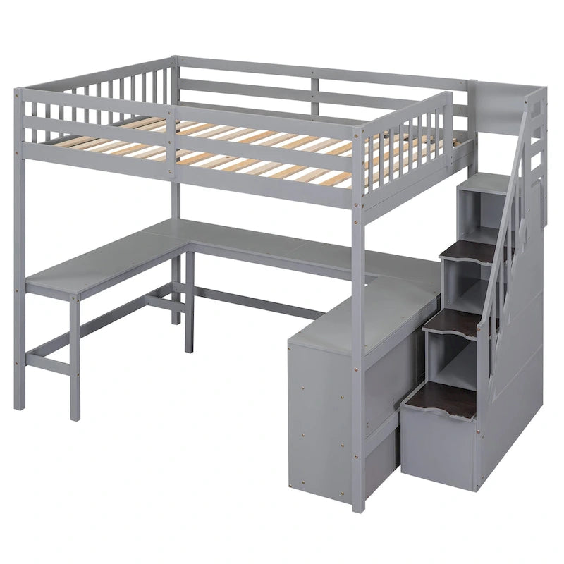 Letto a soppalco full size con scrivania a L integrata e ripiani a tre livelli, e scala portaoggetti annessa, Bianco