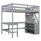 Letto a soppalco full size con scrivania a L integrata e ripiani a tre livelli, e scala portaoggetti annessa, Bianco