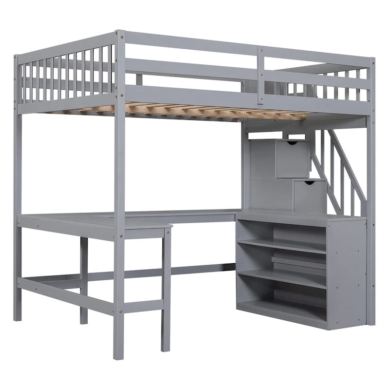 Letto a soppalco full size con scrivania a L integrata e ripiani a tre livelli, e scala portaoggetti annessa, Bianco