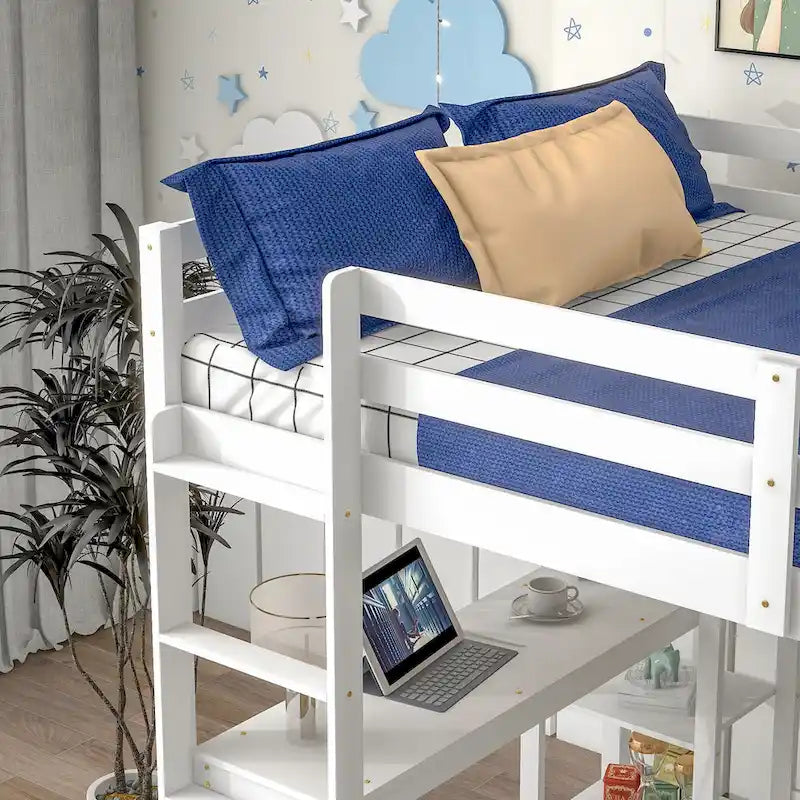 Letto a soppalco matrimoniale con scrivania, mensole e scaletta, grigio