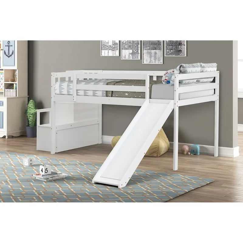 Letto a soppalco con scala, contenitore, scivolo, una piazza, sponde di sicurezza a tutta lunghezza, non necessita di rete a doghe, grigio