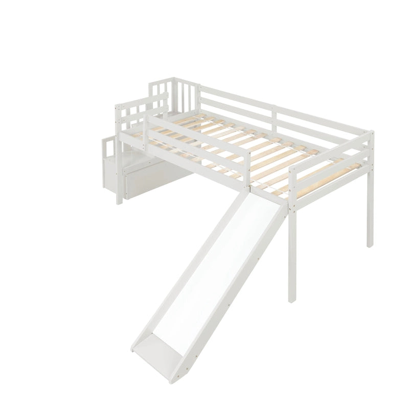 Letto a soppalco con scala, contenitore, scivolo, una piazza, sponde di sicurezza a tutta lunghezza, non necessita di rete a doghe, grigio