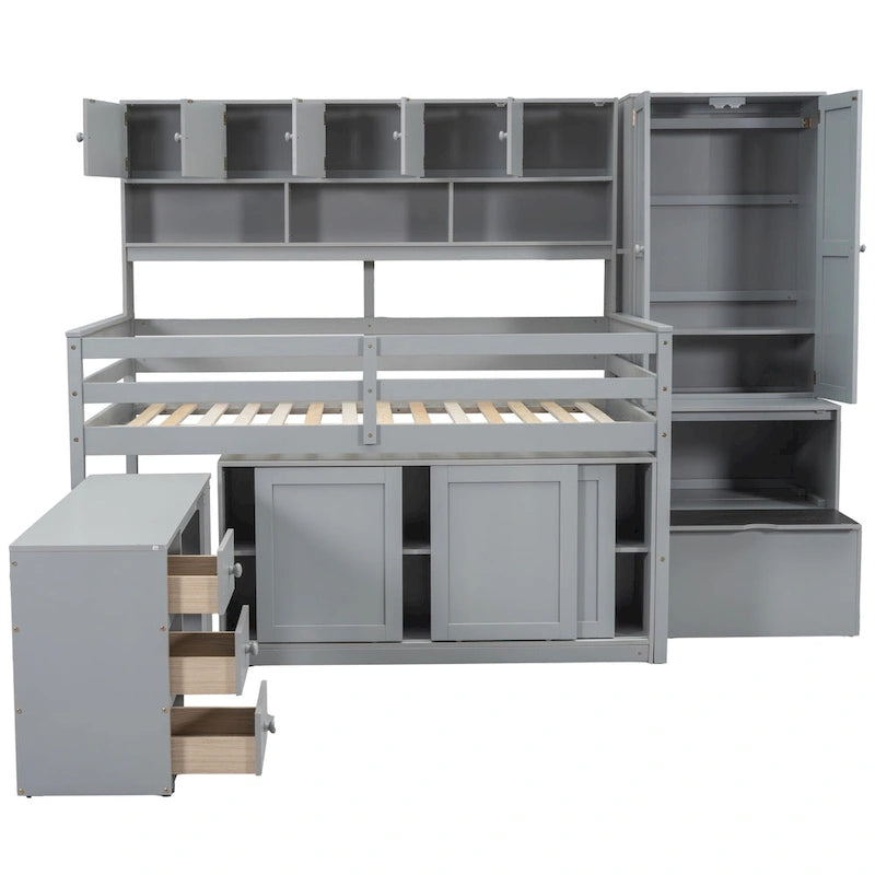 Letto a soppalco in legno di dimensioni standard, grande contenitore con scrivania sotto il letto, con cassetti, con mensole, grigio