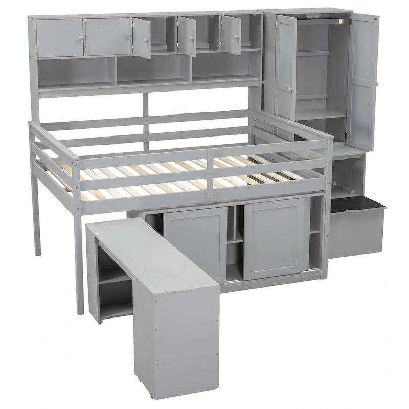Letto a soppalco in legno di dimensioni standard, grande contenitore con scrivania sotto il letto, con cassetti, con mensole, grigio