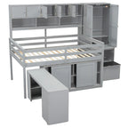 Letto a soppalco in legno di dimensioni standard, grande contenitore con scrivania sotto il letto, con cassetti, con mensole, grigio