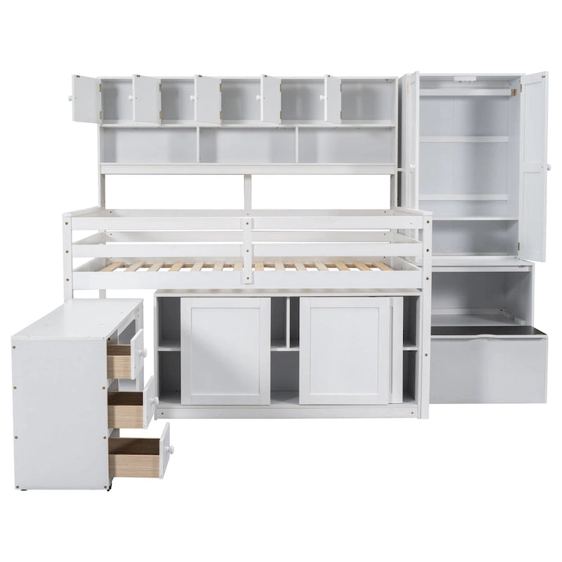 Letto a soppalco in legno di dimensioni standard, grande contenitore con scrivania sotto il letto, con cassetti, con mensole, grigio