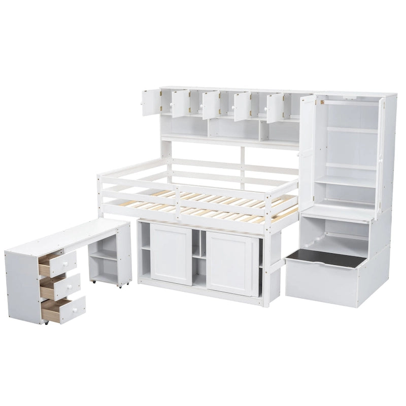 Letto a soppalco in legno di dimensioni standard, grande contenitore con scrivania sotto il letto, con cassetti, con mensole, grigio