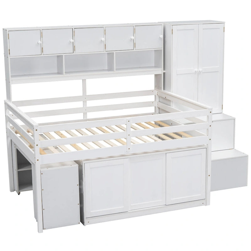 Letto a soppalco in legno di dimensioni standard, grande contenitore con scrivania sotto il letto, con cassetti, con mensole, grigio
