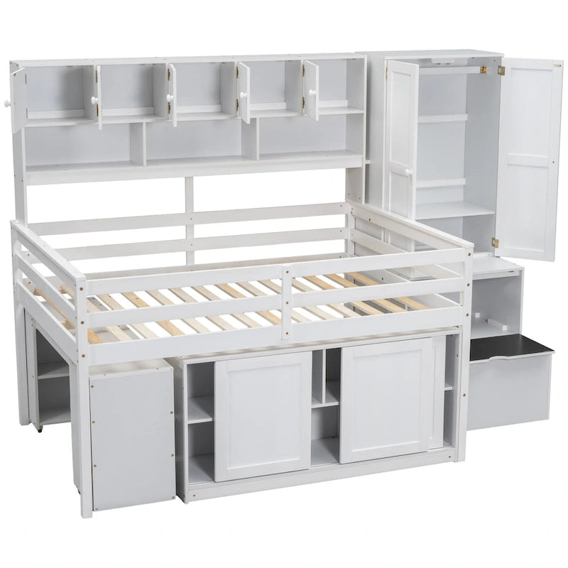Letto a soppalco in legno di dimensioni standard, grande contenitore con scrivania sotto il letto, con cassetti, con mensole, grigio