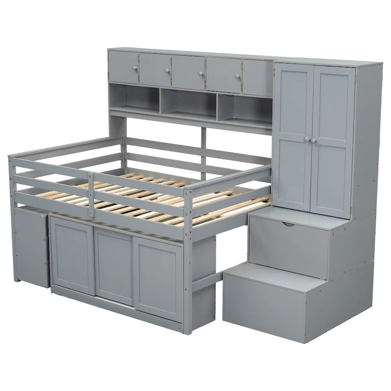 Letto a soppalco in legno di dimensioni standard, grande contenitore con scrivania sotto il letto, con cassetti, con mensole, grigio