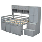 Letto a soppalco in legno di dimensioni standard, grande contenitore con scrivania sotto il letto, con cassetti, con mensole, grigio