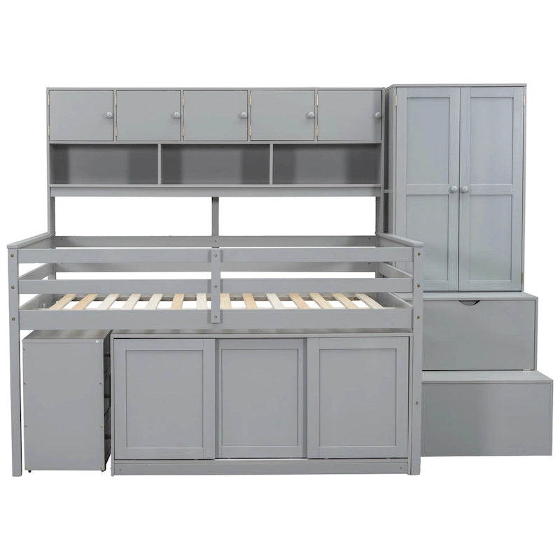 Letto a soppalco in legno di dimensioni standard, grande contenitore con scrivania sotto il letto, con cassetti, con mensole, grigio