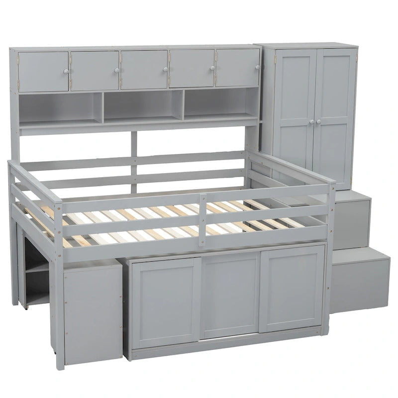 Letto a soppalco in legno di dimensioni standard, grande contenitore con scrivania sotto il letto, con cassetti, con mensole, grigio