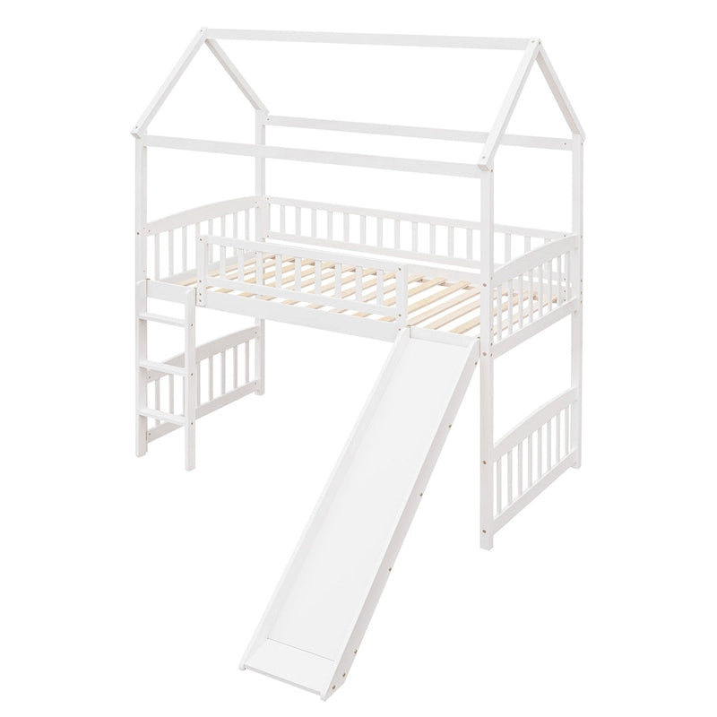 Letto a soppalco a castello con scivolo, struttura in legno, letto-casetta per bambini, design divertente per la camera da letto
