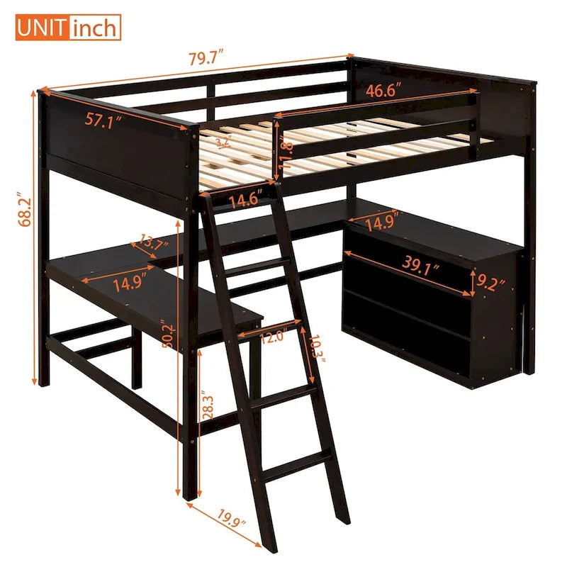 Letto a soppalco full-size con mensole e scrivania integrata, struttura in metallo, design salvaspazio