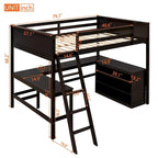Letto a soppalco full-size con mensole e scrivania integrata, struttura in metallo, design salvaspazio
