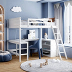 Letto a soppalco full-size con mensole e scrivania integrata, struttura in metallo, design salvaspazio