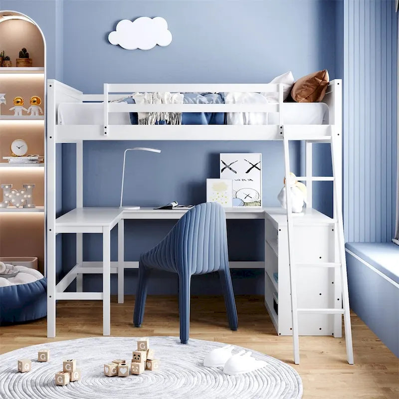 Letto a soppalco full-size con mensole e scrivania integrata, struttura in metallo, design salvaspazio