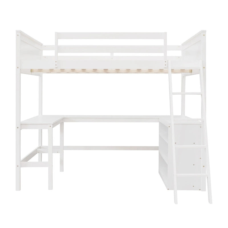 Letto a soppalco full-size con mensole e scrivania integrata, struttura in metallo, design salvaspazio