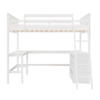 Letto a soppalco full-size con mensole e scrivania integrata, struttura in metallo, design salvaspazio