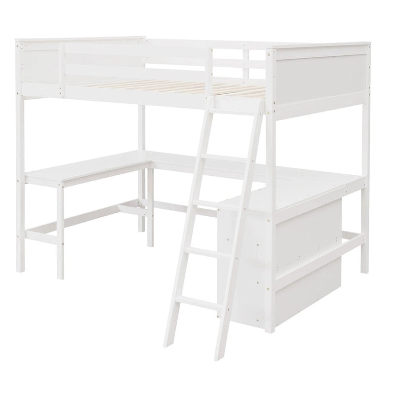 Letto a soppalco full-size con mensole e scrivania integrata, struttura in metallo, design salvaspazio